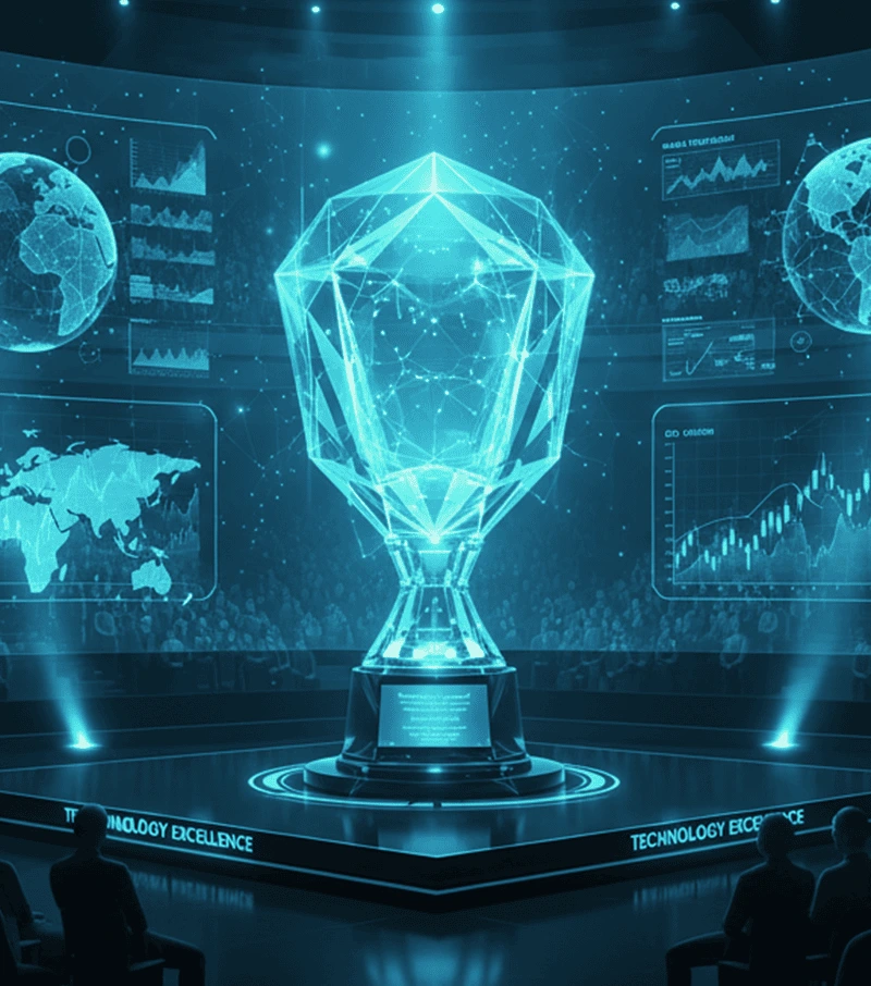 Crystal award with trading dashboards in the background